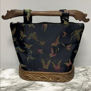 Elegant Black Tote Bag with Wooden Handles & Bottom Butterflies